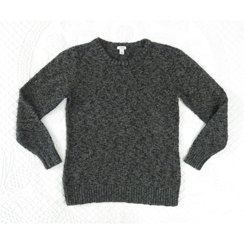 Womens Large LL Bean Crew Neck Heavy Cotton Ragg Sweater Black Tan Heather